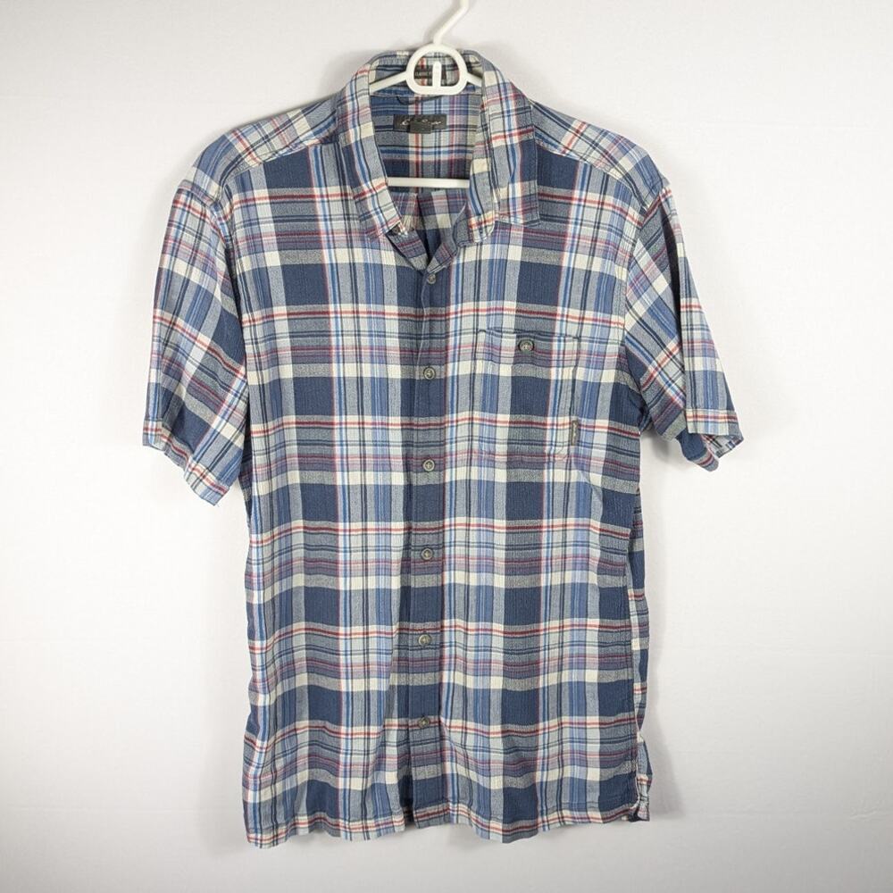 Eddie Bauer Shirt Mens Large Plaid Short Sleeve Button Front Cotton Blue Red